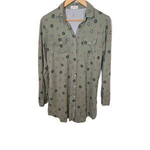 URBAN GIRL Olive Green With Design Long Sleeve Button Up Shirt Pockets Size M